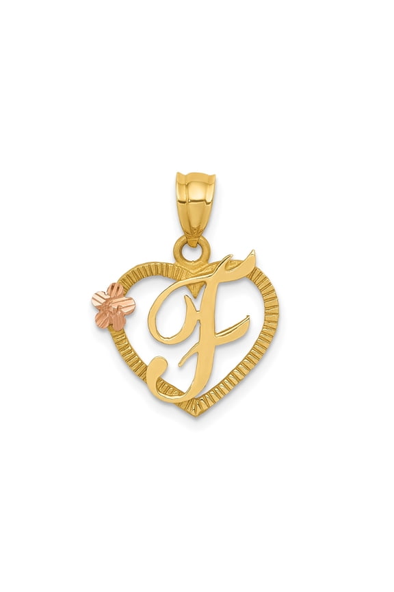 14k Two-Tone Gold Heart Pendant Necklace for Women with Scripted F Initial and Rose Flower Accent, Personalized Monogram Charm, Symbolic Custom Jewelry for Anniversary or Everyday Wear