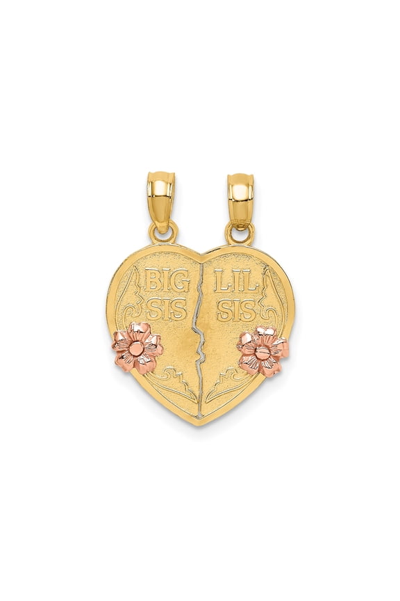 14k Two-Tone Gold Heart Pendant Necklace for Women with Rose Gold Flower, Split Big Sis Lil Sis Charm, Symbolic Sister Bond Jewelry Keepsake