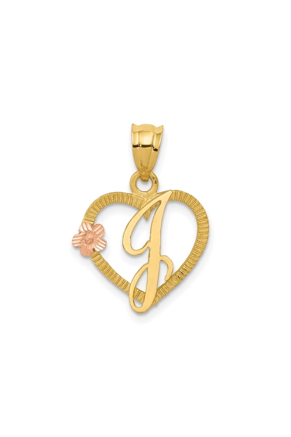 14k Two-Tone Gold Heart Pendant with Rose Gold Flower Accent, Script Initial J Necklace for Women, Fine Personalized Jewelry, Custom Identity Charm for Daily Wear