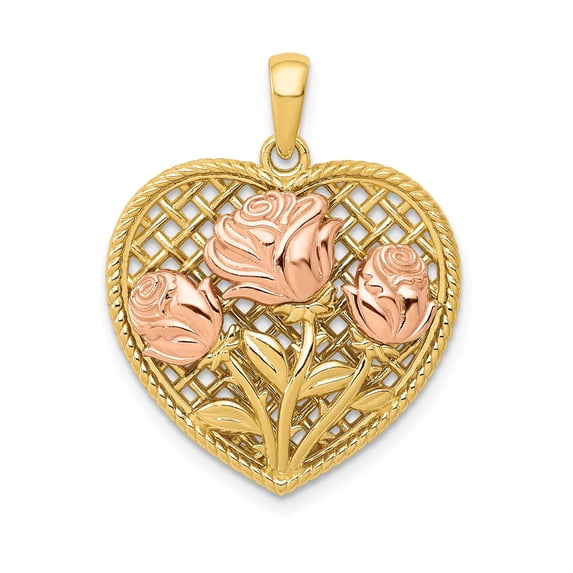 14k Two-Tone Gold Heart Pendant with Rose Gold Roses and Lattice Design, Romantic Symbolic Jewelry for Women, Elegant Fine Necklace for Love and Beauty