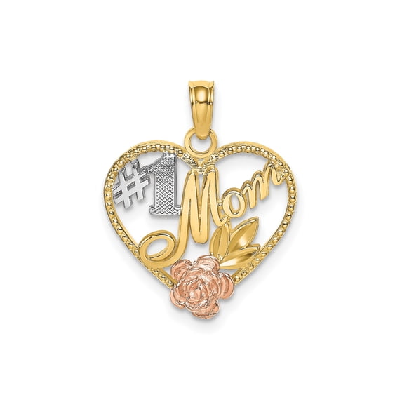 14k Two-Tone Gold Heart Pendant with Rose and Leaf Accents, Number 1 Mom Charm for Women, Symbol of Love and Appreciation, Sentimental Mother Jewelry for Everyday Wear