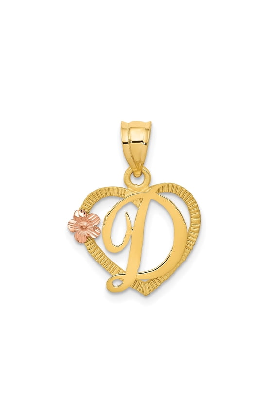 14k Two-Tone Gold Heart Pendant with Script D Initial and Rose Gold Flower Accent, Personalized Monogram Charm Necklace for Women, Sentimental Alphabet Jewelry