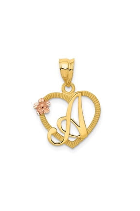 14k Two-Tone Gold Heart Pendant with Script Letter A and Rose Accent, Personalized Initial Charm for Women, Floral Alphabet Jewelry, Symbol of Love and Individuality