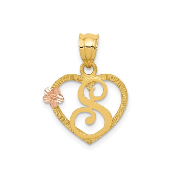 14k Two-Tone Gold Heart Pendant with Script S Initial, Rose Gold Flower Accent, Personalized Monogram Necklace for Women, Dainty Sentimental Symbolic Jewelry Charm