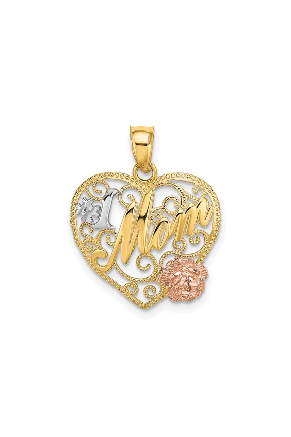 14k Two-Tone Gold Heart Pendant for Women with Filigree Design, Rose Accent, Number 1 Mom Inscription, Sentimental Jewelry for Mothers, Symbol of Love and Appreciation