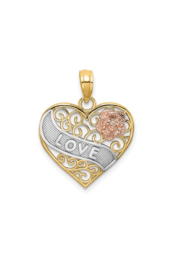 14k Two-Tone Gold Heart Pendant for Women with Rose Accent and LOVE Inscription, Filigree Design, Romantic Symbolic Necklace, Fine Jewelry for Anniversary or Special Occasion