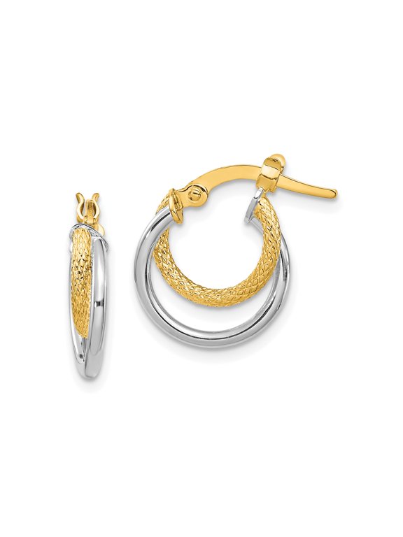 14k Two-Tone Gold Interlocking Hoop Earrings, Diamond-Cut Polished, for Women