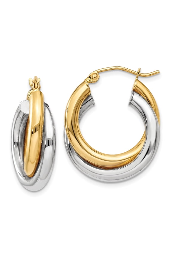 14k Two-Tone Gold Hoop Earrings for Women, Interlocking Yellow and White Gold Twisted Loops, Medium Polished Hoops, Classic Elegant Style, Fine Jewelry for Everyday or Special Occasions