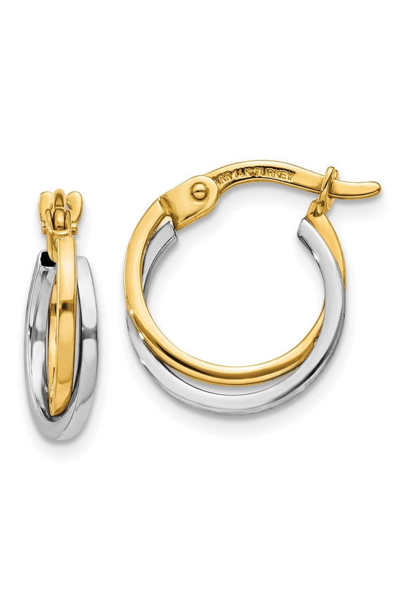 14k Two-Tone Gold Hoop Earrings for Women, Intertwined Yellow and White Bands, Small Lightweight Double Hoops with Classic Interlocking Design, High Polish Finish for Everyday or Formal Wear