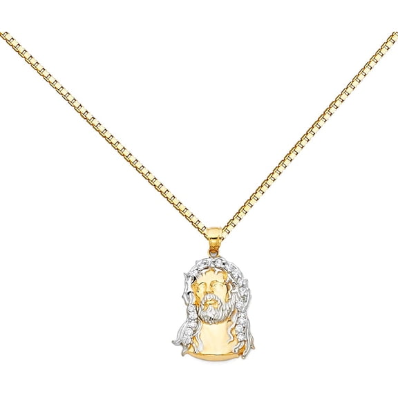 14k Two Tone Gold Jesus Face Religious Pendant Charm 1 mm Box Necklace Chain (Length - 18'')