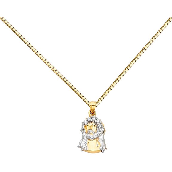 14k Two Tone Gold Jesus Face Religious Pendant Charm 1 mm Box Necklace Chain (Length - 18'')