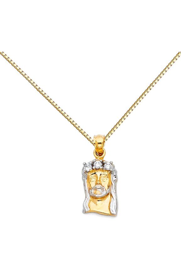 14k Two Tone Gold Jesus Face Religious Pendant Charm Box Necklace Chain (Length - 20'')