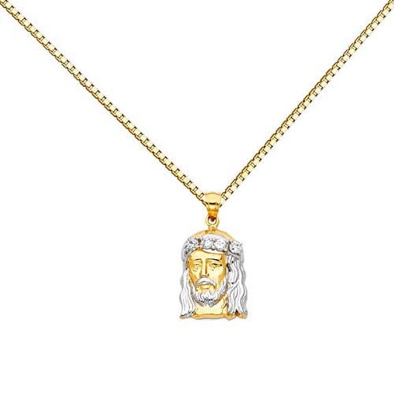14k Two Tone Gold Jesus Face Religious Pendant Charm Box Necklace Chain (Length - 24'')