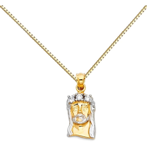 14k Two Tone Gold Jesus Face Religious Pendant Charm Box Necklace Chain (Length - 24'')