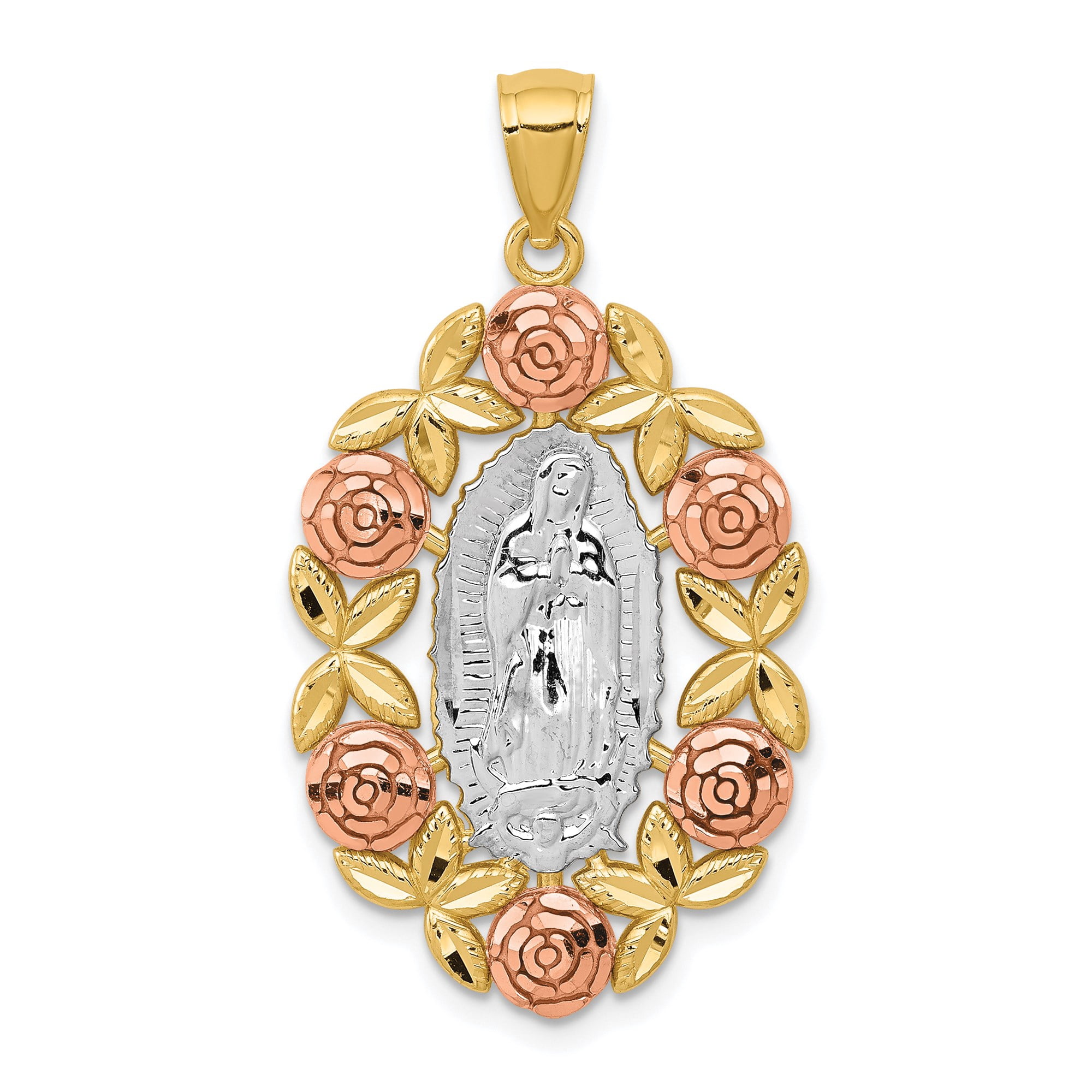 14k Two-Tone Gold Our Lady of Guadalupe Pendant for Women with Rose and ...