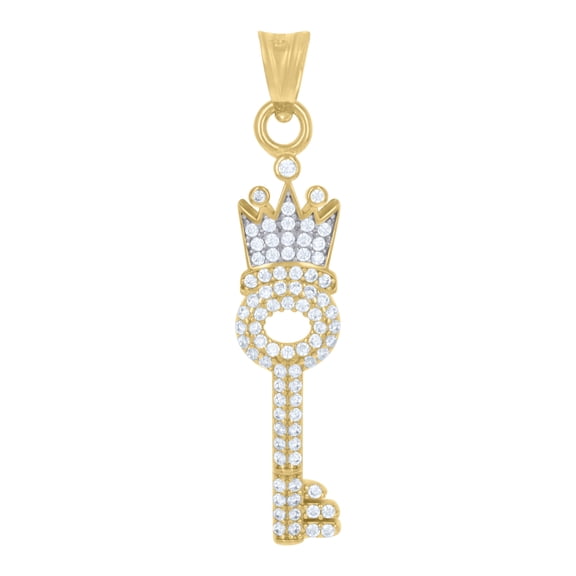 14k Two-Tone Gold Mens Cubic-Zirconia Crown Key Charm Pendant