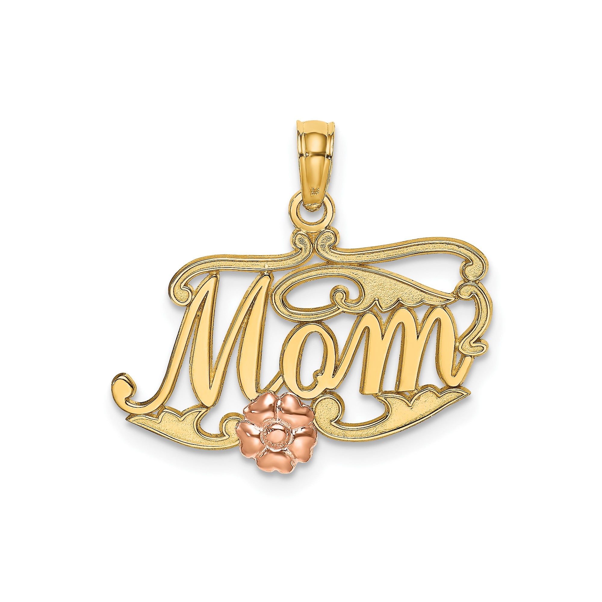 View of 14k Two-Tone Gold Mom Pendant with Pink Rose, Floral Script Charm for ...