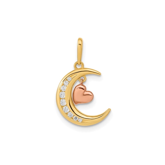 14k Two-Tone Gold Moon and Heart Pendant Necklace for Women, Diamond Accent Celestial Jewelry Symbolizing Love, Protection, Connection, Rose Gold Charm, Romantic Style