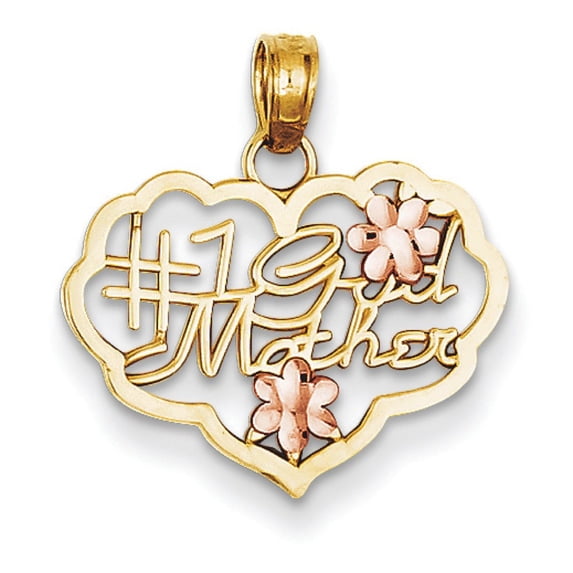 14k Two Tone Gold Polished Diamond Cut Finish #1 GOD MOTHER In Heart Shape Design Charm Pendant