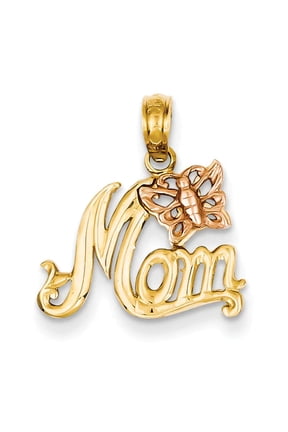 14k Two-Tone Gold Polished Finish Script MOM with Butterfly Design Charm Pendant