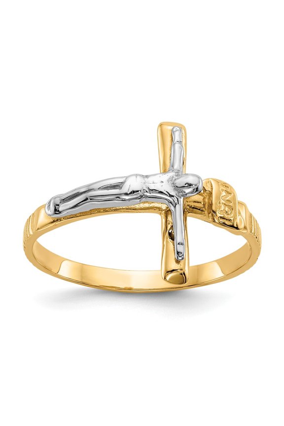 14k Two-Tone Gold Polished Inri Crucifix Ring - 2.1 Grams - Size 6.75