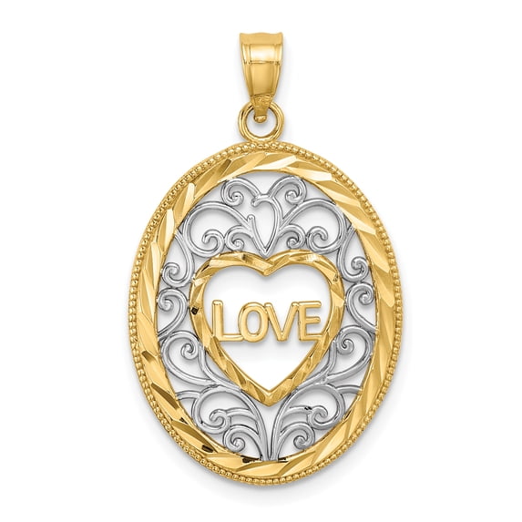 14k Two-Tone Gold Polished Love Inside Oval Frame With Filigree Pendant
