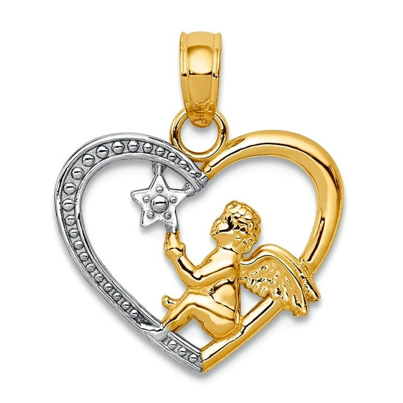 14k Two-Tone Gold Polished Religious Guardian Angel Holding a Star In Beaded Love Heart Pendant Necklace 17mm long Penda