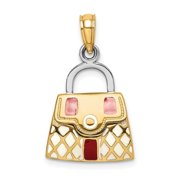 14k Two-Tone Gold Red and White Enameled Purse Pendant