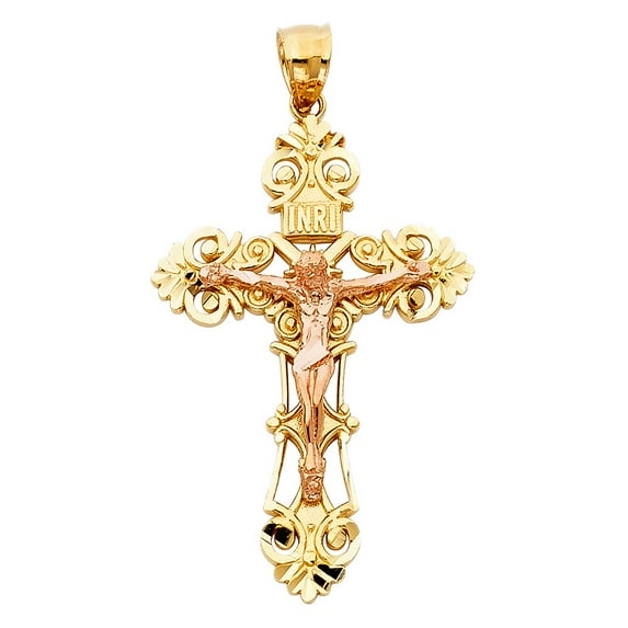 14k Two Tone Gold Religious Cross Crucifix Charm Pendant 45mm