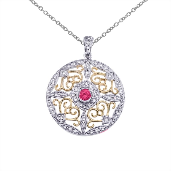 14k Two-Tone Gold Ruby and Diamond Round Filigree Pendant with 18" Chain
