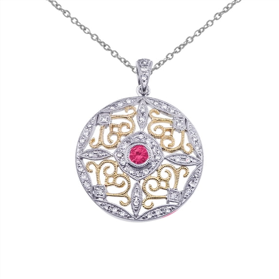 14k Two-Tone Gold Ruby and Diamond Round Filigree Pendant