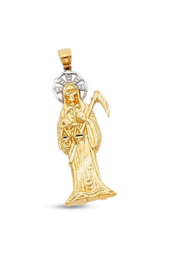 14k Two Tone Gold Santa Muerte Charm Pendant Religious Death Grim Reaper Christian Polished Genuine Solid 47 mm x 20 mm