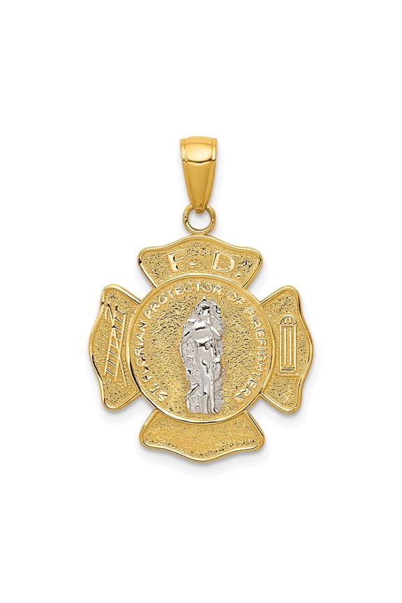 14k Two-Tone Gold St Florian Firefighter Pendant for Men and Women with Maltese Cross, Ladder and Hydrant Symbols, Christian Catholic Medal for Faith Bravery and Protection