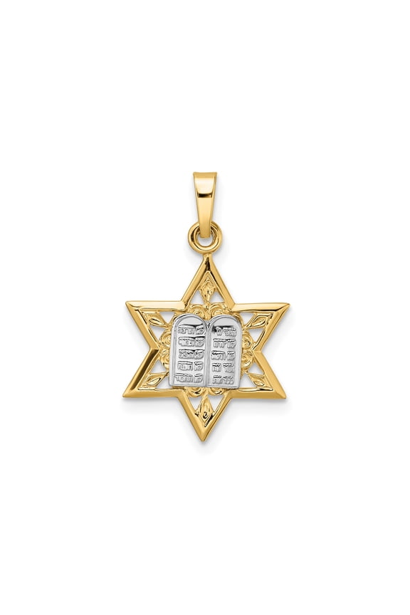 14k Two-Tone Gold Star of David Pendant with Hebrew Ten Commandments Tablets, Jewish Religious Necklace for Men or Women, Faith Symbol Spiritual Jewelry