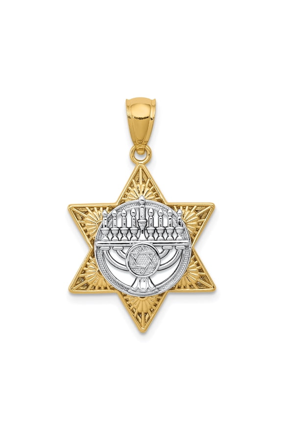 14k Two-Tone Gold Star of David Pendant with Menorah Design, Jewish Religious Necklace for Men and Women, Judaica Faith Jewelry for Hanukkah or Daily Spiritual Wear