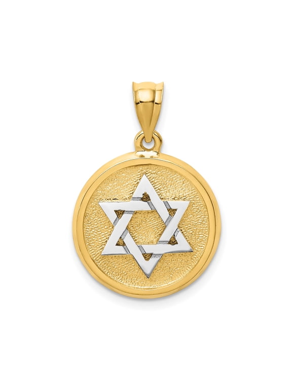 14k Two-Tone Gold Star of David Pendant Necklace for Men or Women with White Gold Magen David on Textured Yellow Disc, Jewish Symbol, Religious Cultural Jewelry