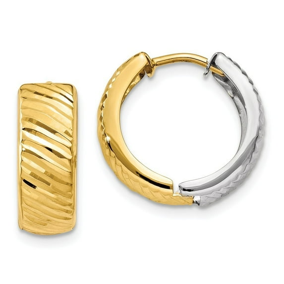 14k Two-Tone Gold Textured Hoop Earrings - 1.9 Grams - Measures 14x14mm Wide 5mm Thick
