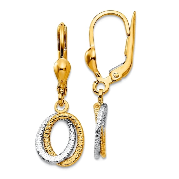 14k Two-Tone Gold Textured and Polished Dangle Leverback Earrings 27x6mm Wide Dangle Earring for Women