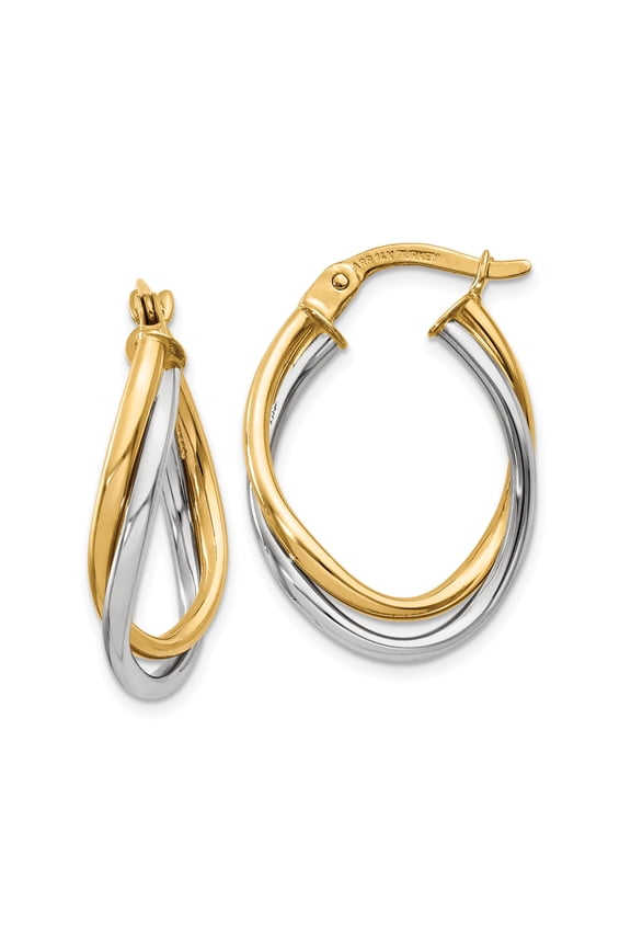 14k Two-Tone Gold Twisted Hoop Earrings for Women, Interlaced Yellow and White Gold Loops in Polished Crossover Oval Design, Lightweight Fashion Jewelry for Daily Wear or Special Occasions