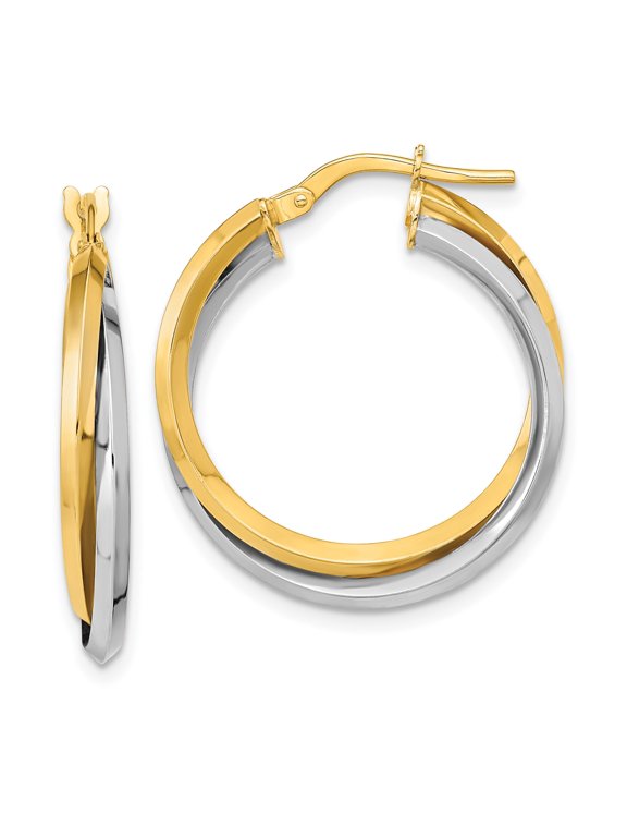 14k Two-Tone Gold Twisted Hoop Earrings for Women, Interlocking Yellow and White Bands, Polished Modern Style, Sleek Elegant Design for Everyday or Special Occasion Wear