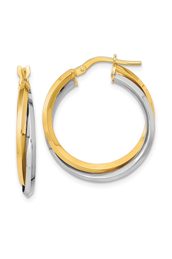 14k Two-Tone Gold Twisted Hoop Earrings for Women, Interlocking Yellow and White Bands, Polished Modern Style, Sleek Elegant Design for Everyday or Special Occasion Wear