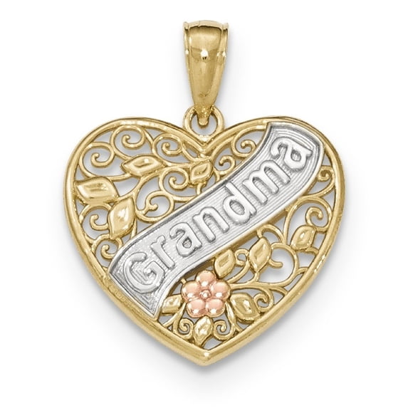 14k Two Tone Gold, White Rhodium GRANDMA In Filigree Heart with Flower, Leaf Design Charm Pendant