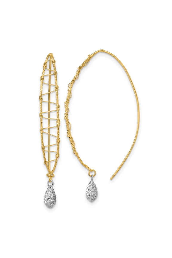 14k Two-Tone Gold Wire Drop Earrings for Women with Wrapped Design and Diamond-Cut Teardrop Dangles in White Gold, Modern Boho Statement Style for Everyday or Special Wear