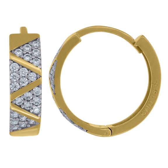 14k Two-Tone Gold Womens Cubic Zirconia Triangle Pattern Huggie Hoop Earrings