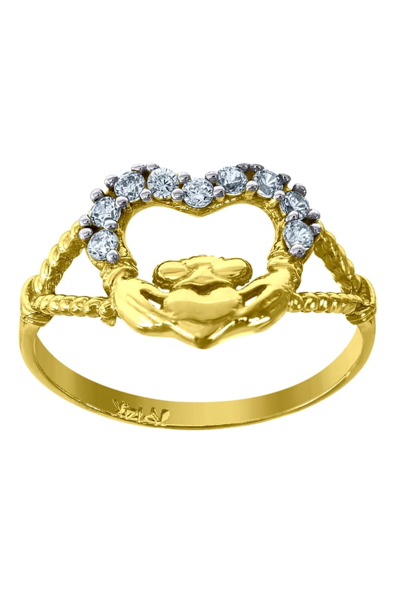 14k Two-Tone Gold Womens Cz Claddagh Sz7 Ring Band