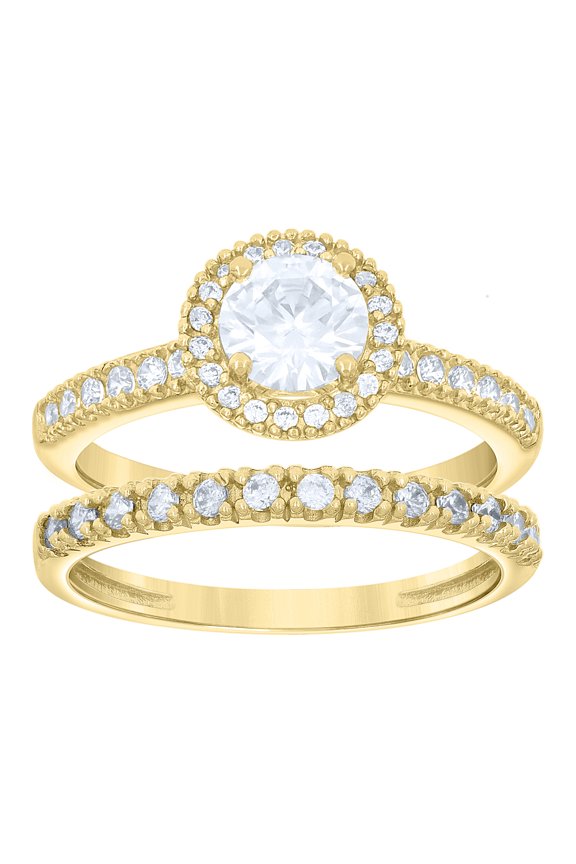 14k Two-Tone Gold Womens Cz Duo Round Head Center Stone White Sz7 Wedding Engagement Bridal Set Band Ring