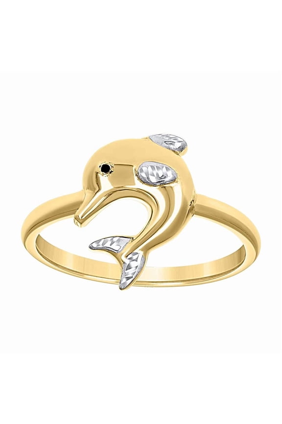 14k Two-Tone Gold Womens Enameled Dolphin Ocean Life Ring