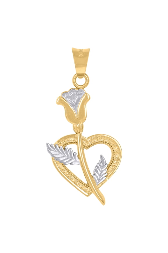 14k Two-Tone Gold Womens Flower & Heart Charm Pendant