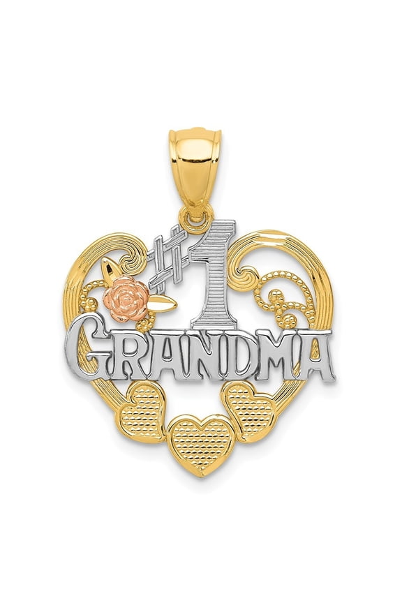 14k Two-Tone Gold and Rhodium Number 1 Grandma Heart Pendant - 1.4 Grams - Measures 25x20mm Wide