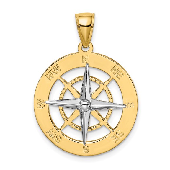 14k Two Tone Gold with Rhodium Plated Nautical Compass White Needle Charm Pendant Fine Jewelry For Women Gifts For Her